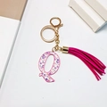 Letter Q floral keychain with purple petals, pink tassel, and gold lobster clasp - Letter Q (With Tassel)