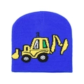 Detailed close-up of knit texture and excavator jacquard pattern on blue winter beanie - M (52-54cm) / Royal Blue