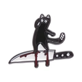 Funny black cat enamel pin holding a kitchen knife with red drip details on white backdrop - Black Cat With Knife Style (XZ8265)