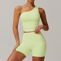 Ensemble de yoga vert néon avec brassière asymétrique et short de cycliste à poches - S / Haut Et Bas / Vert Jaune Clair (Débardeur+Short)