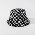 Macro view of soft checkerboard plush bucket hat texture and pattern - M (56-58cm) / White