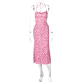 Pink floral halter neck midi dress with a stylish backless design and side slit - L / Pink
