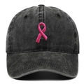 Casquette de baseball en coton lavé noir avec broderie ruban rose contre le cancer du sein - Réglable / Noir