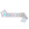 White Birthday Queen sash with holographic glitter lettering for birthday party outfit - One Size / White Holographic - QUEEN