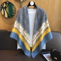 Linen blend large square scarf in grey houndstooth with yellow and blue chain patterns - 130*130cm / Grey Blue Houndstooth Chain (MZF-096-Blue)