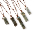 Handmade woven necklace featuring irregular rectangular grey-green labradorite pendants - Labradorite