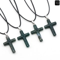 Set of four 40mm dark green natural crystal cross pendants with black cords - India Agate