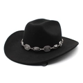 Classic black wool felt western cowboy hat with decorative silver embossed metal band - M (56-58cm) / Black