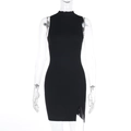 Detail of black sleeveless high-neck knit dress featuring a subtle side slit and ribbed texture - S / Black