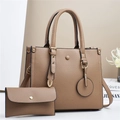 Elegant khaki lychee grain tote bag set with matching wallet in a stylish minimalist setting - Khaki