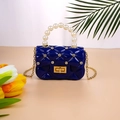 Royal blue diamond quilted jelly bag with white pearl handle and gold chain strap - Dark Blue
