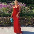 Elegant red backless bodycon dress with cowl neck and tie-up details for women - S / Royal Blue