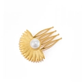 Elegant gold flower hair comb with a central white pearl for bridal hair styling - F730C-Gold Sun Flower Pearl Hair Comb