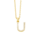 Macro detail of golden letter J pendant featuring small white pearls on a fine chain - Gold Letter U