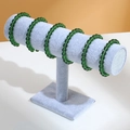 Ice gray velvet double-tier bracelet stand displaying multiple green beaded jewelry - Single-Layer Bracelet Stand / Ice Gray