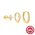 Three-piece set of gold S925 sterling silver earrings with clover and crystal zircon details - Set of 3-Gold#2