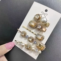 5-piece vintage hair clip set with champagne rhinestones and white faux pearls - Champagne Gold 5-Piece Set