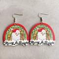 Christmas Santa Claus and rainbow patterned semi-circle earrings with Merry & Bright text - Santa Rainbow Merry & Bright