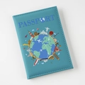 Detail of cyan PU leather passport cover with colorful UV-printed world landmarks - 14×10cm / Lake Blue