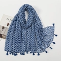 Detail of blue fish-scale print linen scarf with dark blue fringe tassels and watercolor texture - Blue White Watercolor Scale Style (XB948)