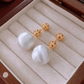 Elegant gold bead and large white faux pearl drop earrings in a premium jewelry box - Gold Metal Beaded Pearl
