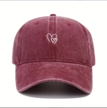 Classic burgundy cotton baseball cap featuring high-quality white double heart embroidery - Embroidered Heart Baseball Cap - Burgundy / One Size