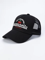 Detail der gestickten Kirschen und Mamacita-Text auf schwarzer Mesh-Trucker-Kappe - Schwarz