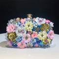 Royal blue evening clutch bag featuring 3D floral beaded embroidery and gold metal clasp - Blue