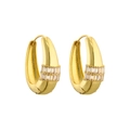 Detailed close-up of golden hoop earrings featuring three rows of clear rectangular gemstones - Gold Oval Baguette Zirconia