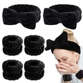 6-piece black plush spa set with 2 bow headbands and 4 elastic wristbands for face washing - Pure Black-6pcs Set