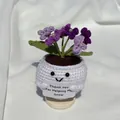 Handmade crochet potted plant with purple flowers and a Thank You for Helping Me Grow sign - Positive Potted-Pearl Forget-me-not Gradient Purple
