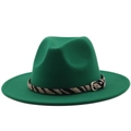 Green wool fedora hat with zebra print band and silver buckle on white background - M (56-58cm) / Grass Green