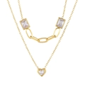 Double-layered golden necklace with heart and rectangular zircon stones on white backdrop - White (KN282938-SP)