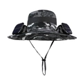 Solar powered double fan camouflage bucket hat for sun protection in grey and black - 12cm Wide Brim Dual Fan Style / Camo Grey