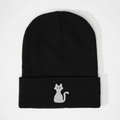 Classic black knitted beanie with a minimalist grey cat embroidery on the wide fold-up brim - Black