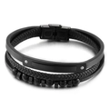 Pulsera multicapa de cuero trenzado negro para hombre con cuentas de acero inoxidable - Estilo B / 21.5cm / Negro