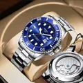 Automatic men's mechanical watch with blue rotating bezel and stainless steel strap - Blue Dial - Steel Strap - Skeleton Back