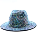 Sparkling rainbow rhinestone fedora hat with wide brim for stage performances - M / Rainbow Holographic