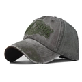 Detail of embroidered New York logo and washed cotton texture on vintage baseball cap - Adjustable / Coffee Splicing Army Green