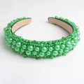 Elegant green headband featuring dense faux pearls and sparkling crystal beads on white - Green Dense Artificial Pearls (Series 5-2)
