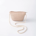 Close-up of beige woven straw bag with zipper closure and shoulder strap for kids - Pink Large Bag (20*15cm)