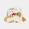 Close-up of fluffy cow print bucket hat featuring colorful Music letter embroidery detail - M (56-58cm) / Yellow
