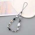 Handmade phone strap with black beads, white faux pearls, and transparent crystals - Crystal Cube Seed Bead Phone Chain Black (K3257)