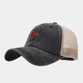 Detail of strawberry embroidery on black washed denim and beige mesh baseball cap - Strawberry Pattern