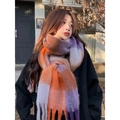 Plaid rainbow scarf in orange and purple with fringed edges for women's winter warmth - No.13 Purple Orange Plaid
