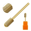 Macro detail of golden cylindrical nail drill bit with fine diamond cross-cut texture - Gold Nail Drill Bit 01