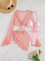 Ensemble bikini rose 4 pièces avec haut en maille et détails en dentelle florale - XS / Rose