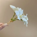 Detail view of a white fabric flower hair clip with elegant dewdrop texture and gold clip. - Hair Stick / Gold Green