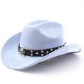 Detail of light blue faux suede cowboy hat with studded leather band and skull ornament - M (56-58cm) / Light Sky Blue