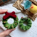 Christmas wreath brooch featuring green plush texture and a red bow decoration - Large Thick Wreath Simple Brooch / Approx 4.5cm
